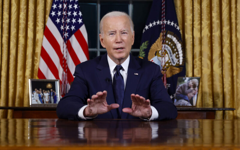 President Joe Biden speaks from the Oval Office of the White House Thursday, Oct. 19, 2023, in Washington, about the war in Israel and Ukraine. (Jonathan Ernst/Pool via AP)