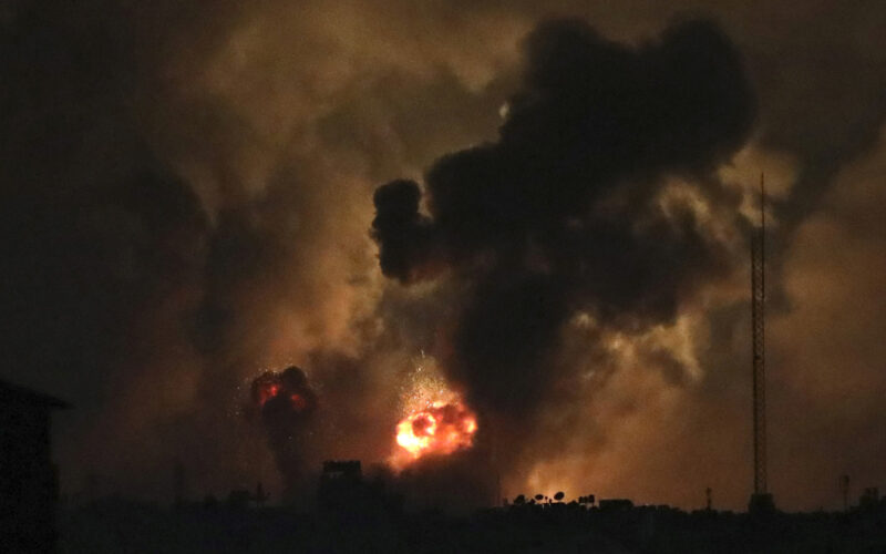 Smoke rises from explosions caused by Israeli airstrikes in the northern Gaza Strip, Friday, Oct. 27, 2023. (AP Photo/Abed Khaled)