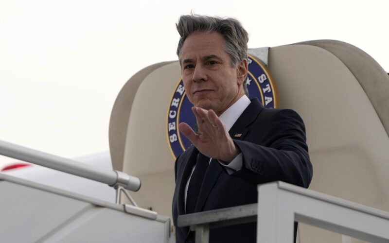 US Secretary of State Antony Blinken disembarks from the plane upon arriving at King Khalid International Airport, in Riyadh, Saudi Arabia, Monday, Feb. 5, 2024. (AP Photo/Mark Schiefelbein, Pool)