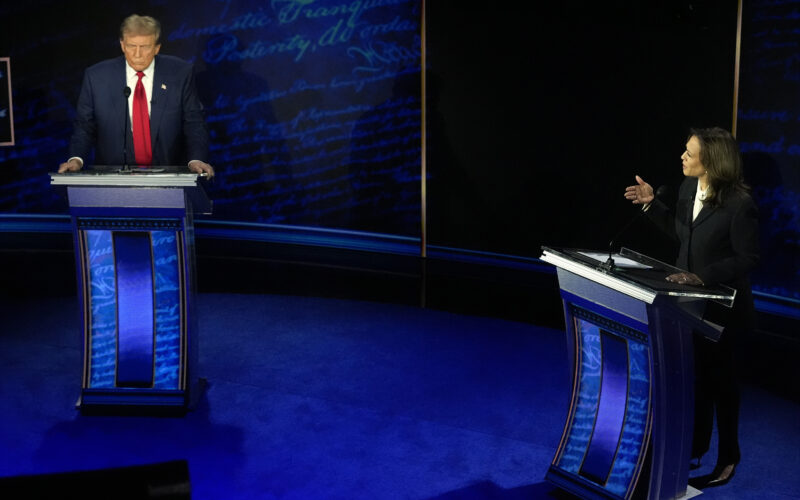 Republican presidential nominee former President Donald Trump and Democratic presidential nominee Vice President Kamala Harris participate during an ABC News presidential debate at the National Constitution Center, Tuesday, Sept.10, 2024, in Philadelphia. (AP Photo/Alex Brandon)