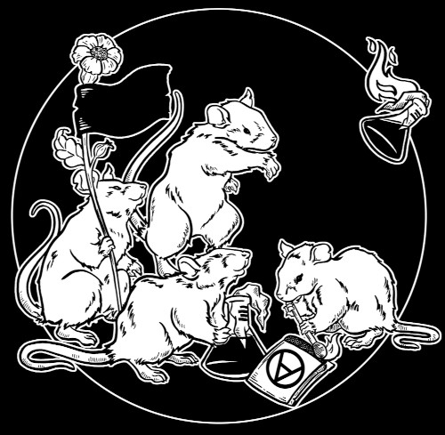 Bonzo drawing of rats in revolt, throwing beakers, holding flowers and flags and a book with a circle A