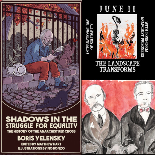 Book cover by NO Bonzo of the new edition of "Shadows In The Struggle for Equality" featuring a drawing of Boris Yelensky by the gates of a cemetery reading, alongside cats, plus the 2025 June 11 logo featuring a venus flytrap visible from behind flames plus a painting by Marius Mason of Sacco and Vanzetti