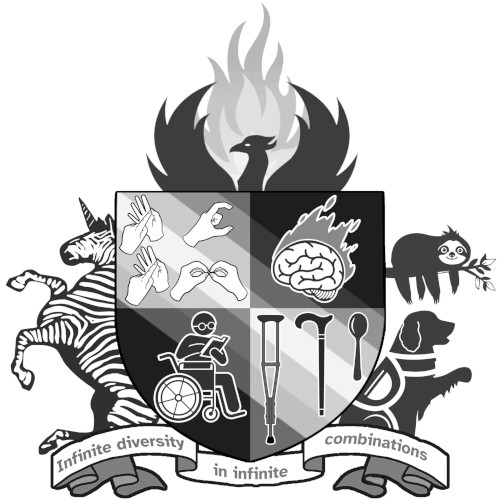 The DARK crest with a zebra, phoenix, sloth, service dog and other elements in black and white