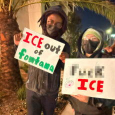 a photo of two masked youth with signs reading "ICE out of Fontana" and "Fuck ICE"