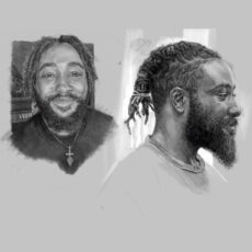 black and white sketches of Malik Muhammad, one in profile, one from the front