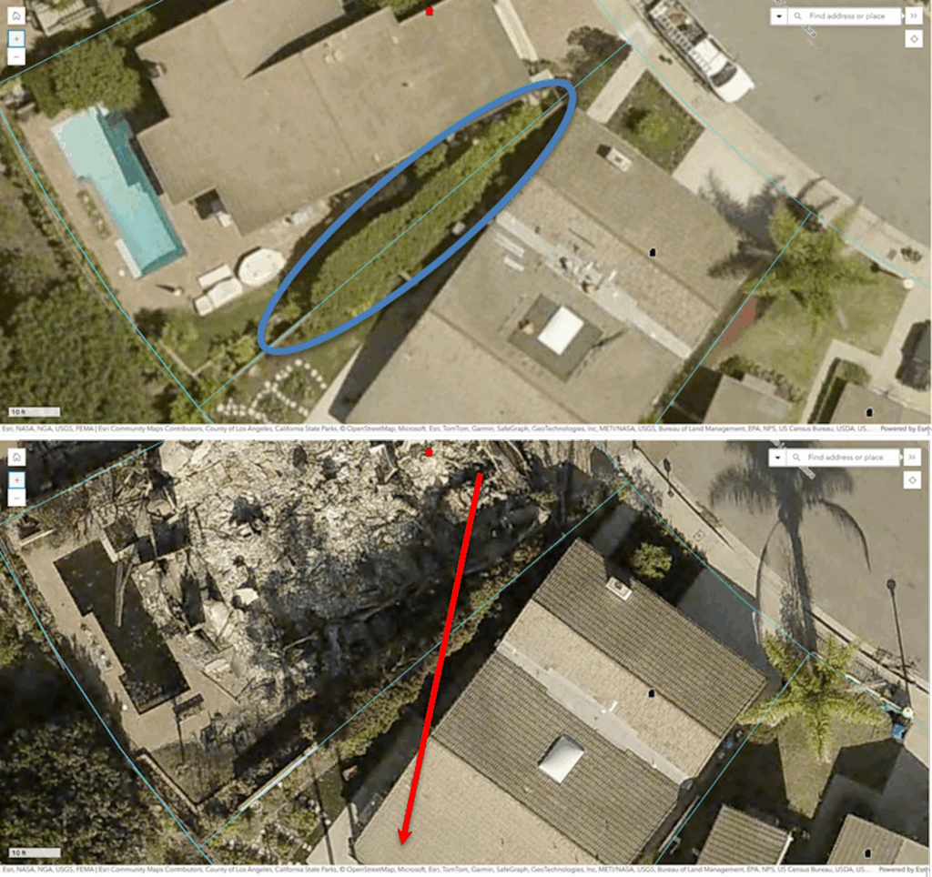 Aerial photos before and after the 2025 Palisades Fire show thick green vegetation between two closely spaced homes. The arrow shows the direction of the fire’s spread. 