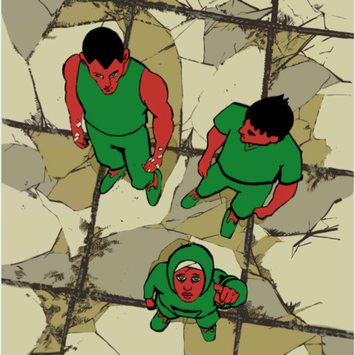 Book cover of "The Hanging" showing two adults looking confused and one child looking up toward the viewer