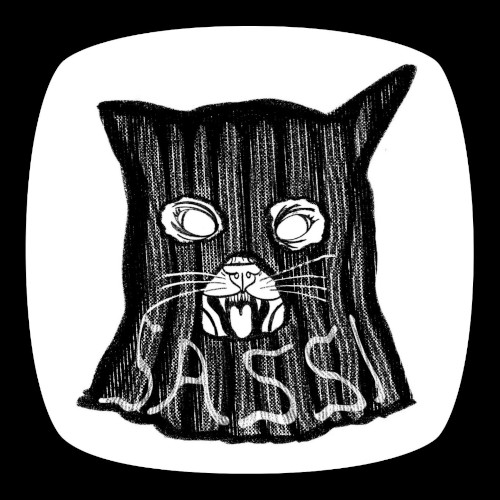 black and white drawing of a cat wearing a balaclava with the word "SASSI" near the bottom