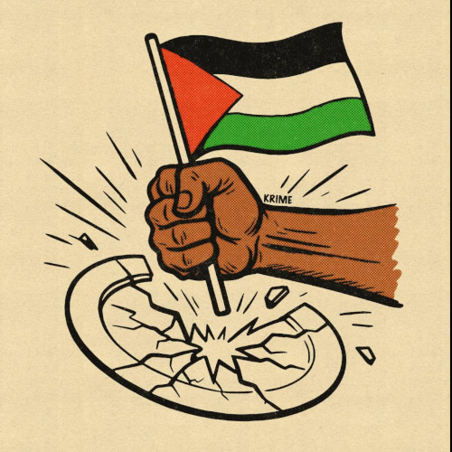 picture of a hand slamming a Palestinian flag down, smashing a plate with the base of the flag pole