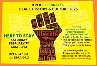 Yellow, red and black flyer for the broadcast. A people power fist in the background.