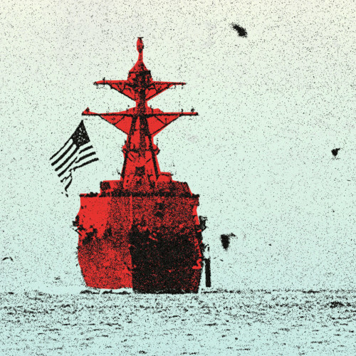 A picture of a red war ship with a US flag on the ocean