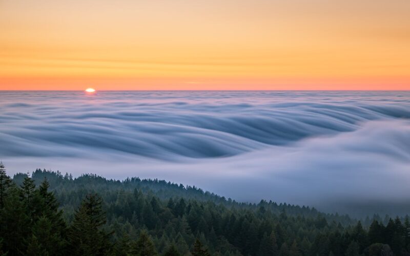 Fog rolling over green hills.