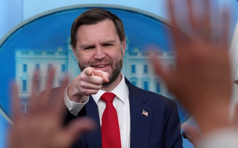 Vice President JD Vance points to a reporter to take a question in the James Brady Press Briefing Room at the White House, Thursday, June 18, 2026, in Washington. (AP Photo/Jacquelyn Martin)