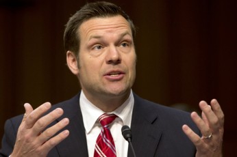 Kansas Secretary of State Kris Kobach testifies on Capitol Hill in Washington, Monday, April 22, 2013, before the Senate Judiciary Committee hearing on immigration reform.  (AP Photo/Jacquelyn Martin)