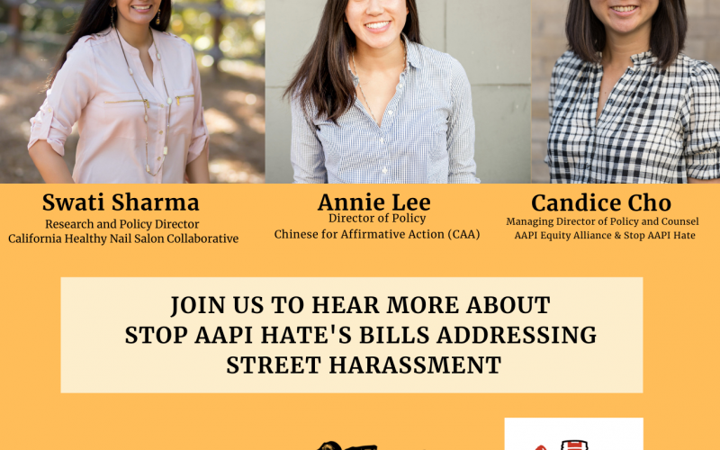 Flyer with 5 text boxes an orange background and three smiling Asian women with long hair. Text boxes: 1)APEX Express Radio Presents: Stop API Hate 2)Hosted by Paige Chung and Miko Lee 3) Swati Sharma the Research and Policy Director at California Healthy Nail Salon Collaborative, Annie Lee Director of Policy and Chinese for Affirmative Action (CAA), Candice Cho Managing Director of Policy and Counsel AAPI Equity Alliance & Stop AAPI Hate. Followed by 3 logos: AACRE, STOP AAPI HATE, and CALIFORNIA HEALTHY NAIL SALON COLLABORATIVE. 5) APEX Express: AACRE Thursdays 7pm 94.1 FM or KPFA.org