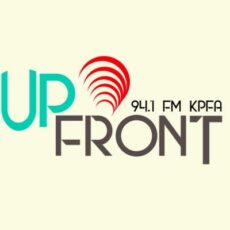 UpFront logo. Tan background with green and black font.
