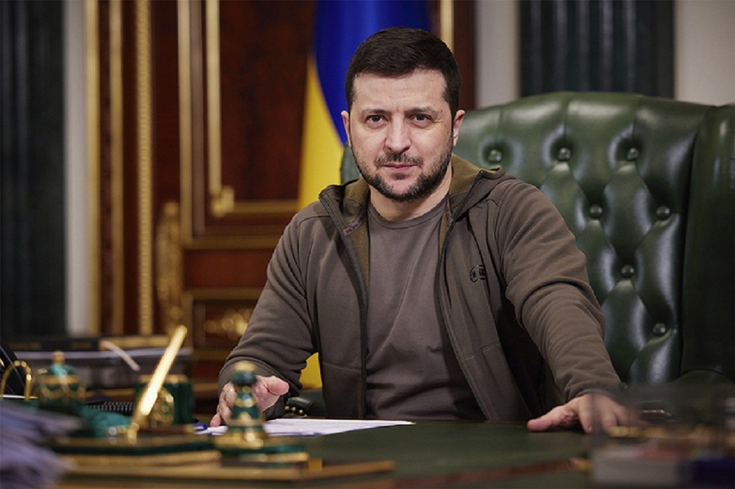 March 14, 2022, Kyiv, Ukraine: Ukrainian President Volodymyr Zelenskyy delivers an address marking the 19th day of the Russian invasion, March 15, 2022 in Kyiv, Ukraine. (Credit Image: Global Look Press/Keystone Press Agency)