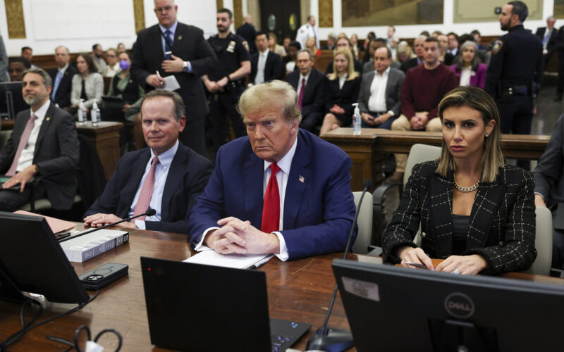 FILE - Former U.S. President Donald Trump, with lawyers Christopher Kise and Alina Habba, attends the closing arguments in the Trump Organization civil fraud trial at New York State Supreme Court in the Manhattan borough of New York, Jan. 11, 2024. Trump lawyers filed a notice of appeal Monday, Feb. 26, for his $454 million New York civil fraud judgment, challenging a judge’s finding that he lied about his wealth as he grew the real estate empire that launched him to stardom and the presidency. (Shannon Stapleton/Pool Photo via AP, File)