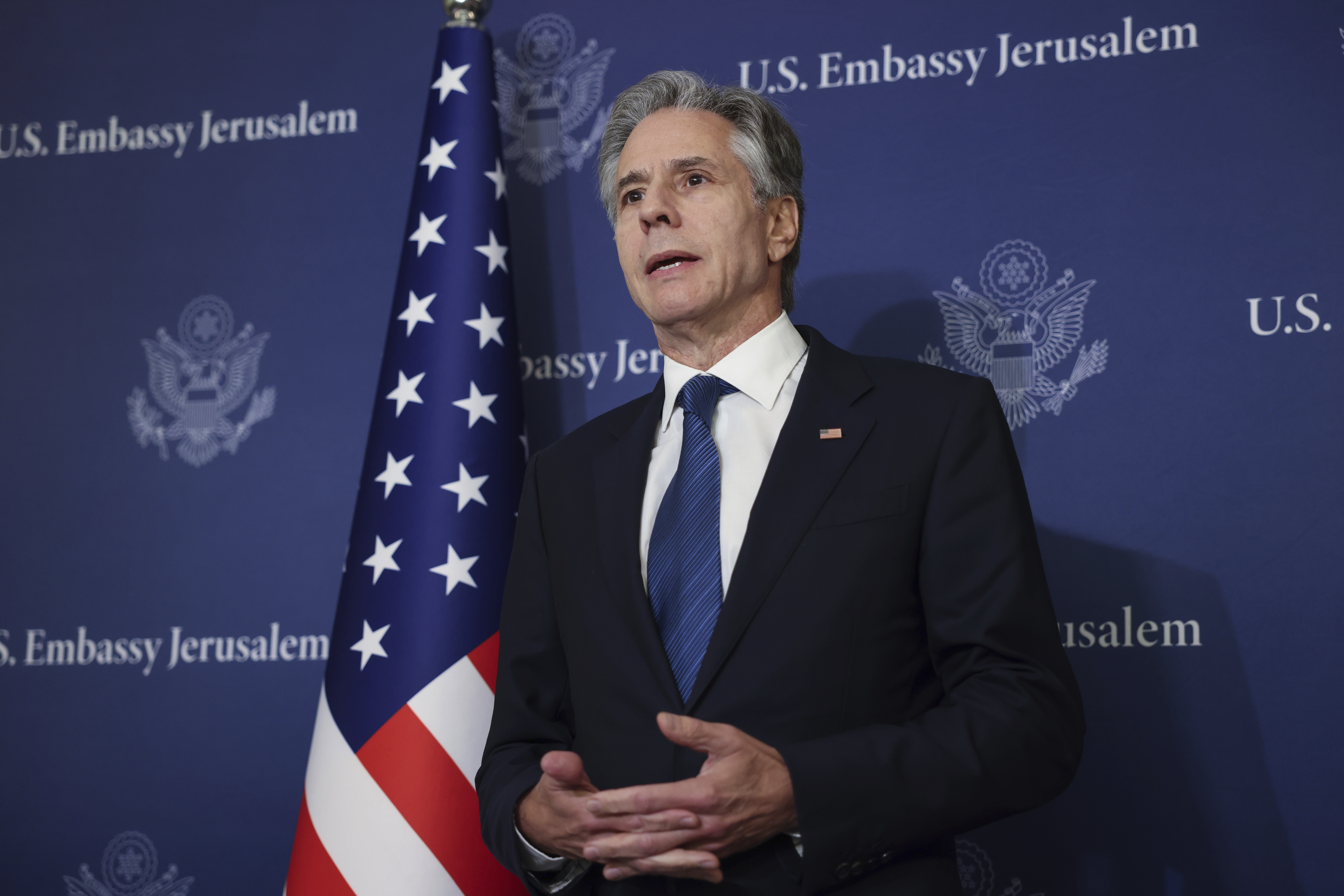 U.S. Secretary of State Antony Blinken speaks to media at the David Kempinski Hotel in Tel Aviv, Israel, Monday, Aug. 19, 2024. (Kevin Mohatt/Pool Photo via AP)