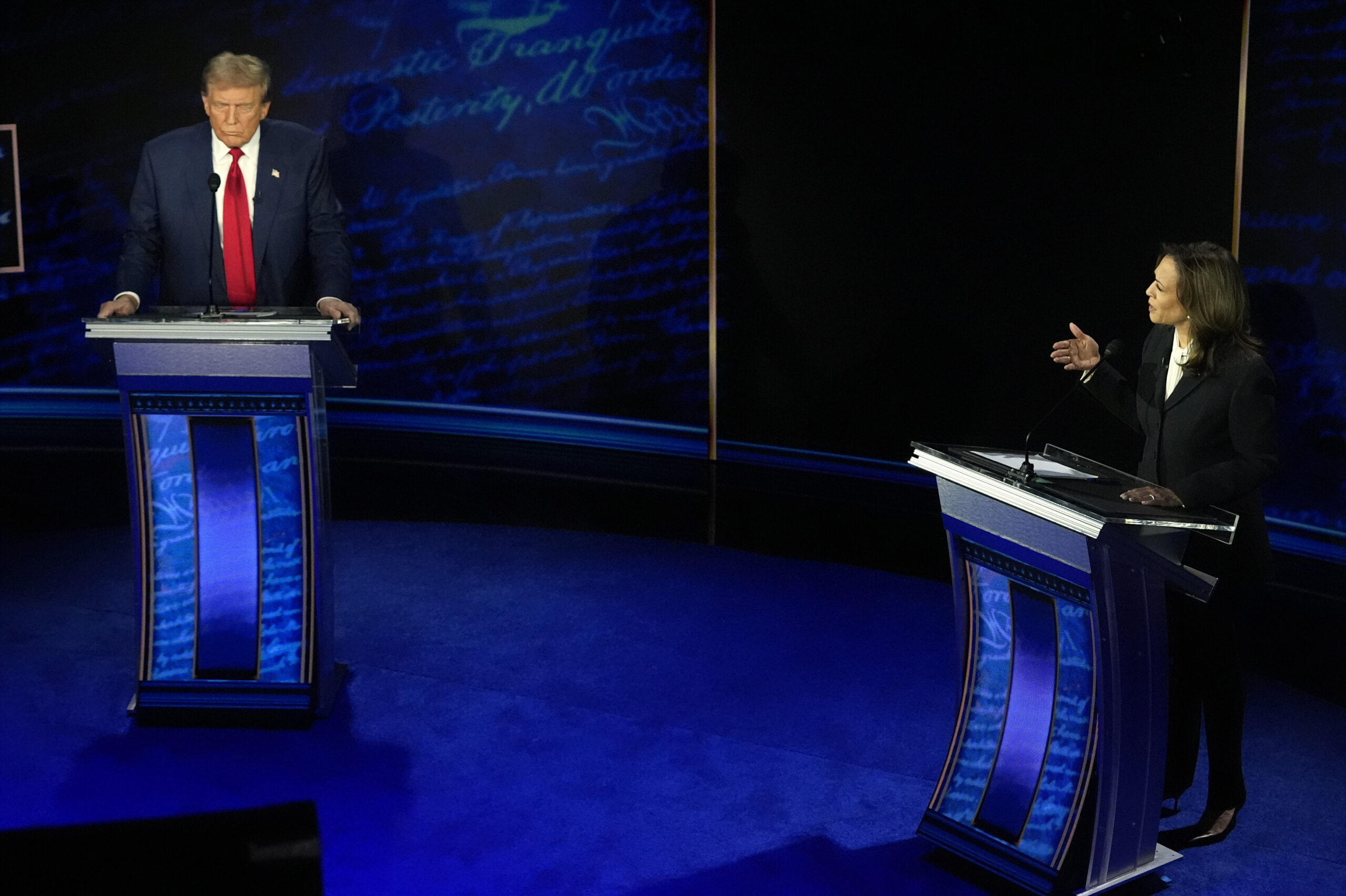 Republican presidential nominee former President Donald Trump and Democratic presidential nominee Vice President Kamala Harris participate during an ABC News presidential debate at the National Constitution Center, Tuesday, Sept.10, 2024, in Philadelphia. (AP Photo/Alex Brandon)