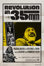 Cover of the book "Revolution in 35MM" appearing as a film from the 1970s and featuring stills of people with guns or making faces of exertion