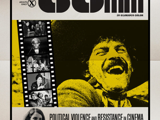 Cover of the book "Revolution in 35MM" appearing as a film from the 1970s and featuring stills of people with guns or making faces of exertion