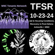 WNC Tenants network logo, Sumud Collective logo and Asheville Community Bail Fund logo